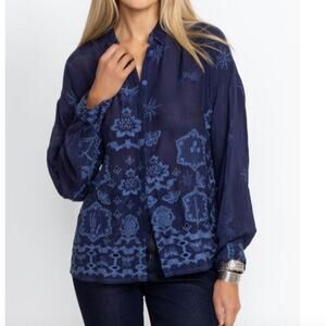 NWT Johnny Was Slim Audrey Button Down In Firefly Glow Navy XL